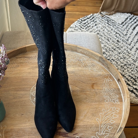 Black Suede Embellished Knee-High Boots size 10 New with Box - Picture 6 of 16